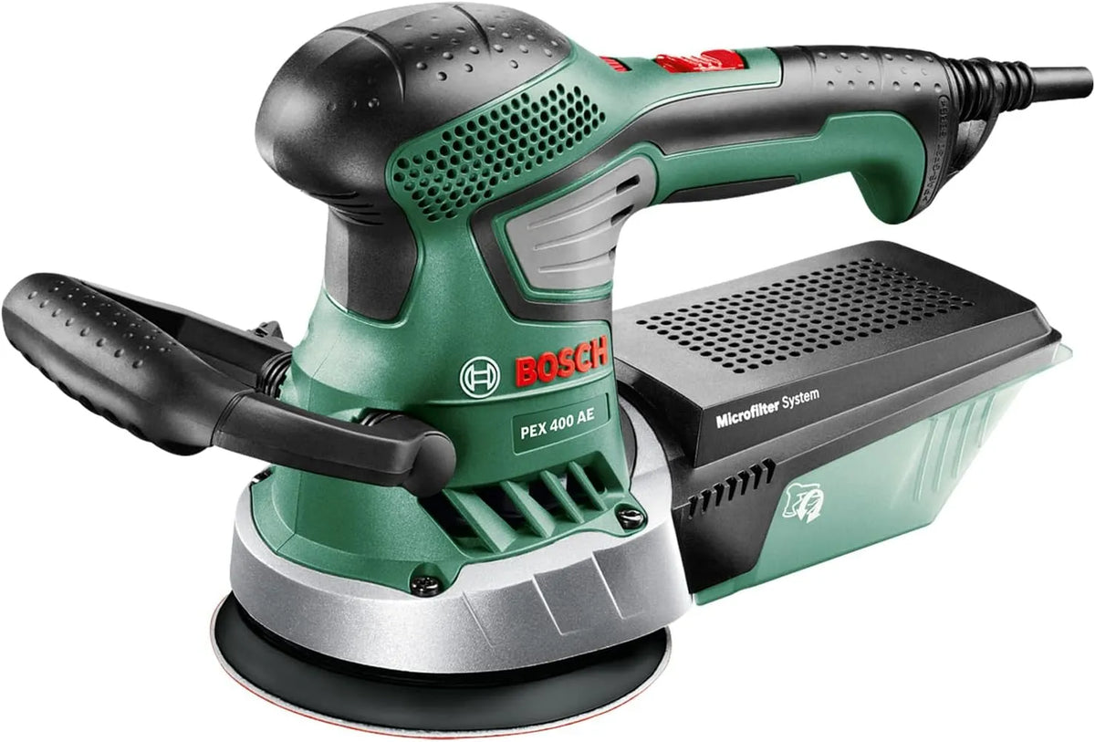 Machine, Bosch excentrische, in koffer, 370 W, geverfde, gelakte en gepolijste platte of gebogen oppervlakken