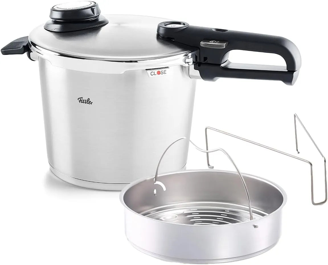 Snelkookpan, 6 l, Ø 22 cm drukpan van RVS, 4 kookstanden, met mand, geschikt voor inductie