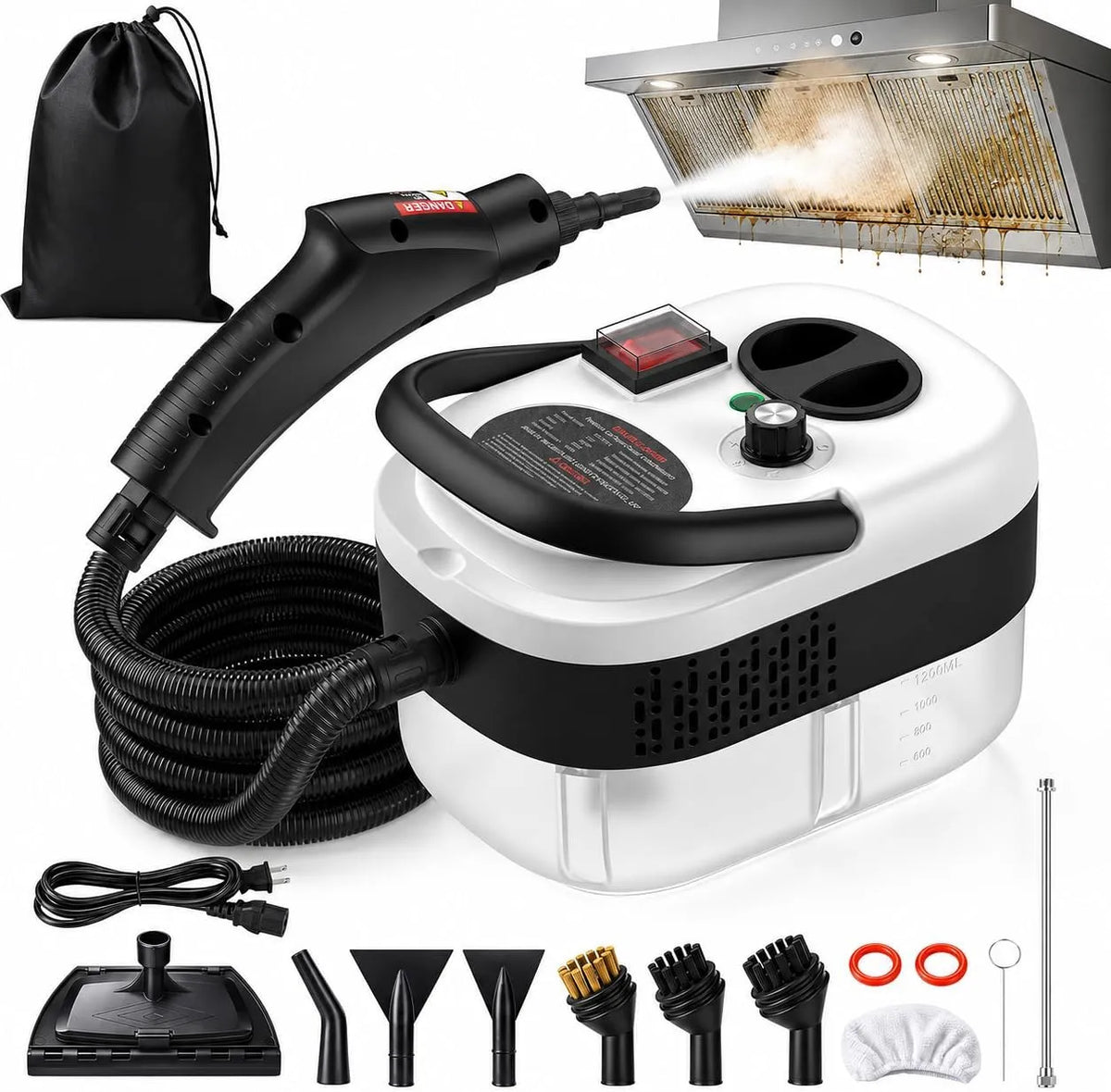 Stoomreiniger met 2500 W, 105 °C, 3 bar, 15 seconden, 1200 ml, 24 uur, waterreservoir en voor tapijt, harde vloeren en dierenharen
