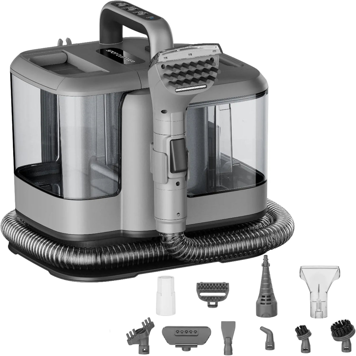 Stoomreiniger met 1800 W, 2 l, waterreservoir, dubbel tanksysteem, voor tapijt, harde vloeren en dierenharen, 6 accessoires en grijs