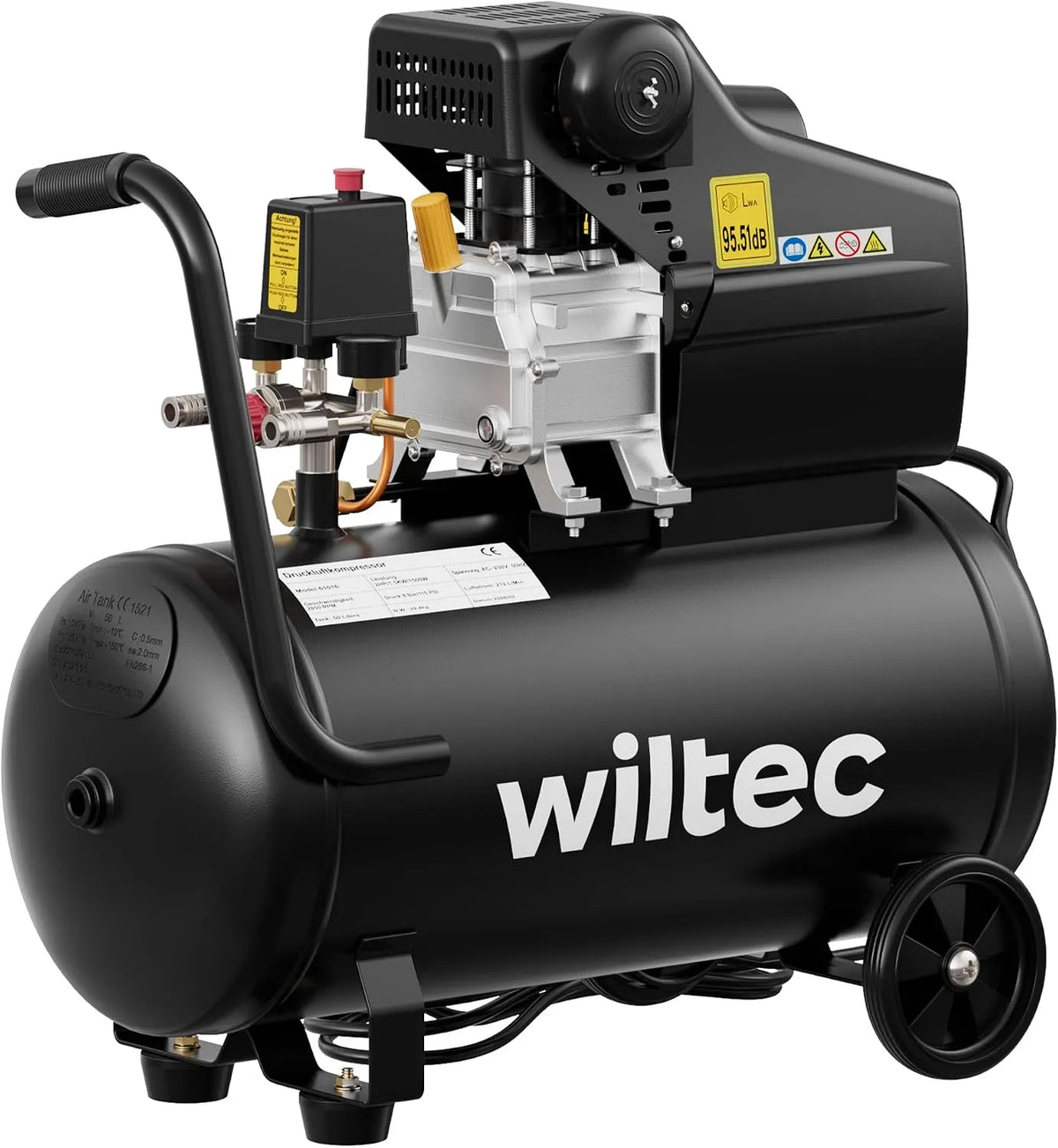 Wiltec luchtcompressor met 50 liter tank met 1500 W, 2 pk, 212 l en voor bouwplaats en werkplaats