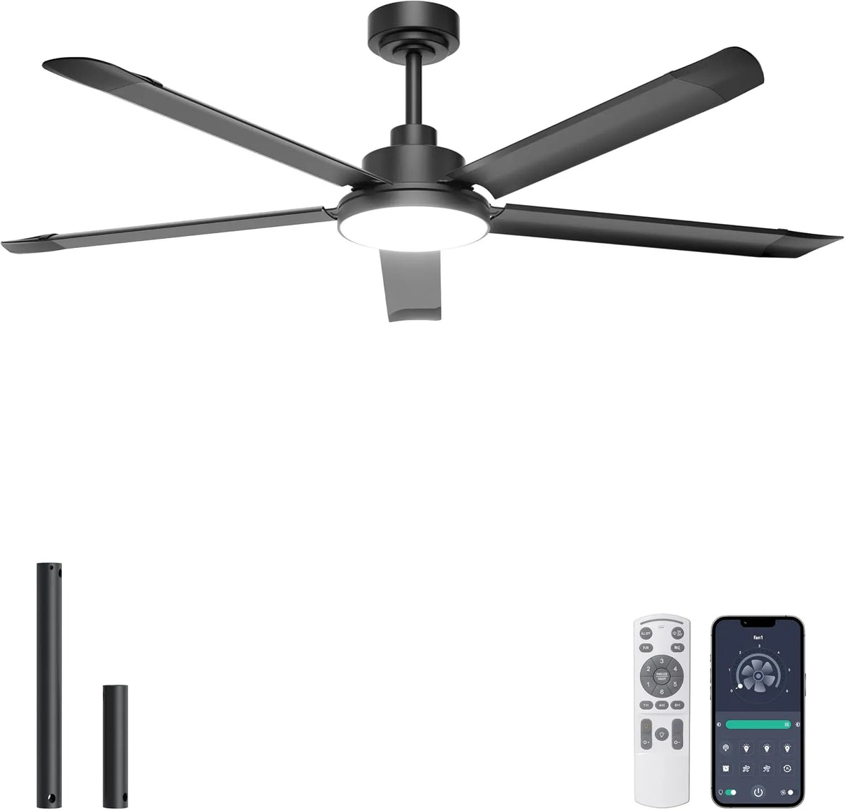 Ventilator, 152 cm, industriële plafondventilator met afstandsbediening/app, outdoor, zwart, 5 aluminium vleugels, geluidsarm DC-motor, garage
