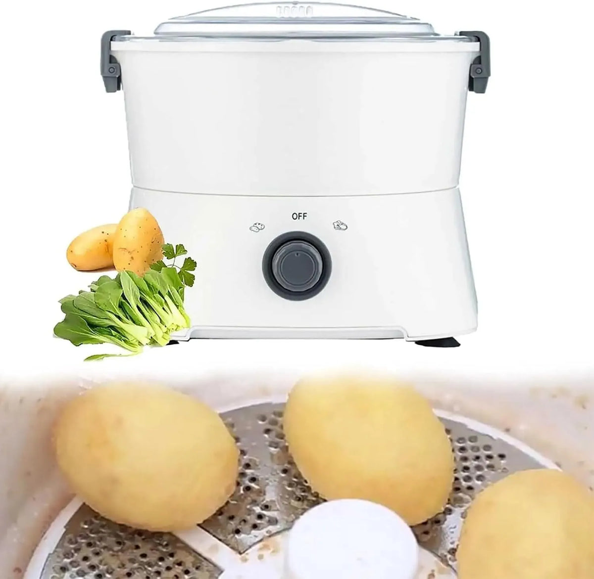 Automatische elektrische aardappelschiller met 6 messen met 28.3 x 23.6cm, 25 x 28,3 x 28,3cm, 2-3 minuten, RVS, wit en transparant