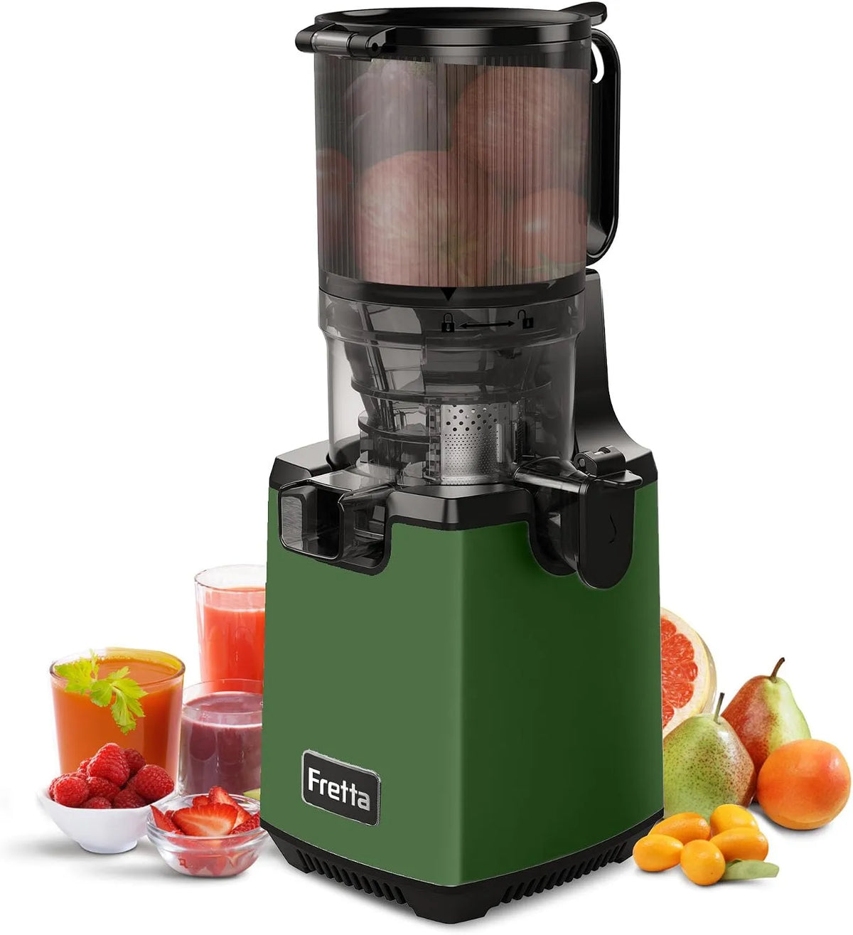 Fretta Juicer Slow Juicer, 250 W, 100% BPA-vrij, met omkeerfunctie, eenvoudige reiniging, 135 mm opening en 1,8 l sapcentrifuge, citruspers