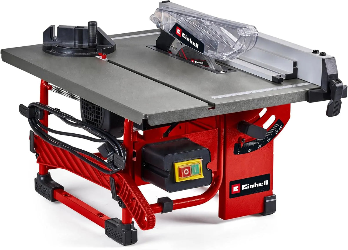 Einhell, zaag, voor bouwplaats en werkplaats, mobiel gebruik. De accessoirehouders op de machine zorgen