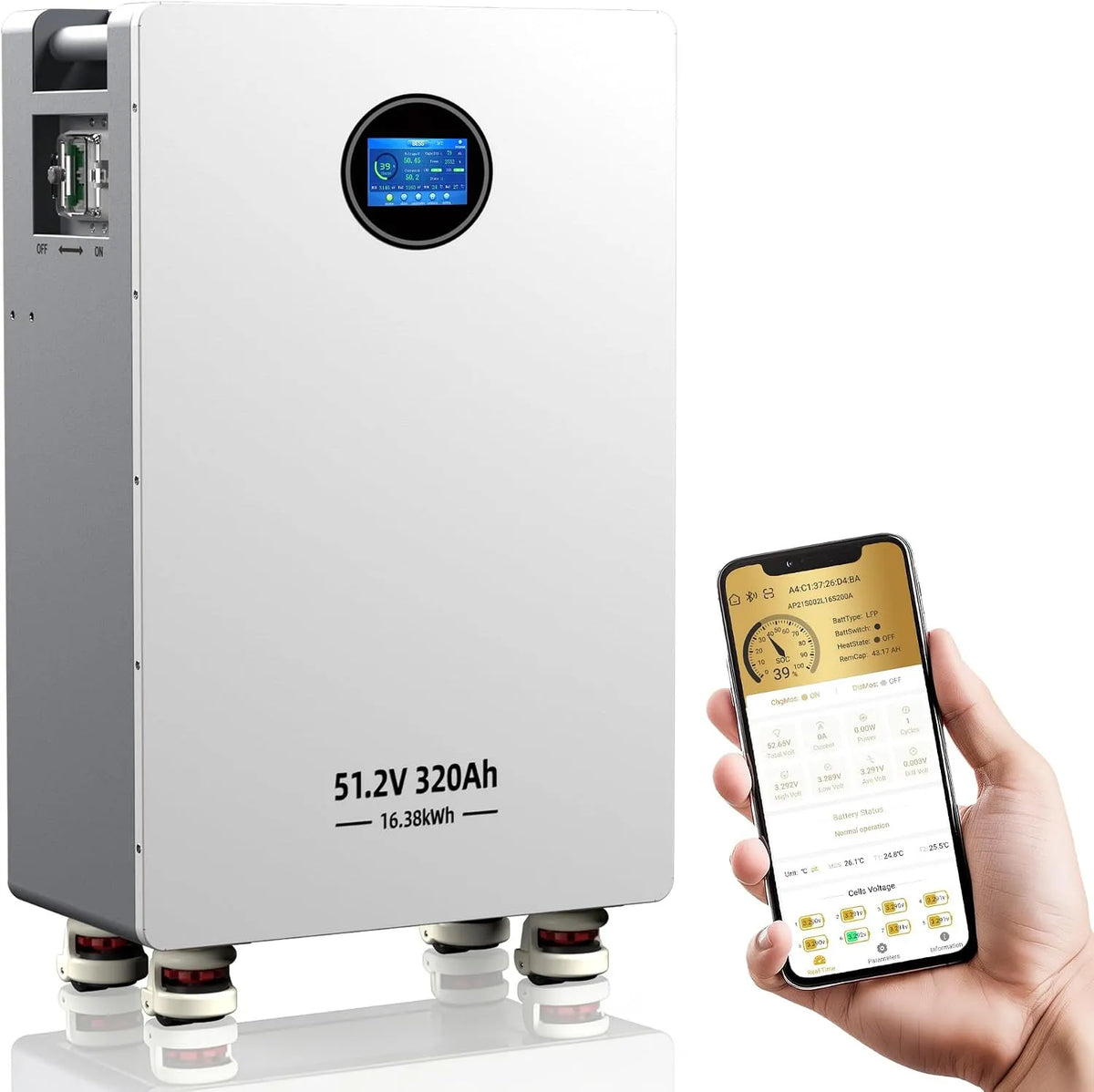 48V 320Ah LiFePO4 Batterij 51,2V 16,38 kWh, 48V 320Ah LiFePO4 RS485/CAN/RS232, 200A BMS, Bluetooth & WiFi, 8000+ Cycli, LCD-aanraakbediening