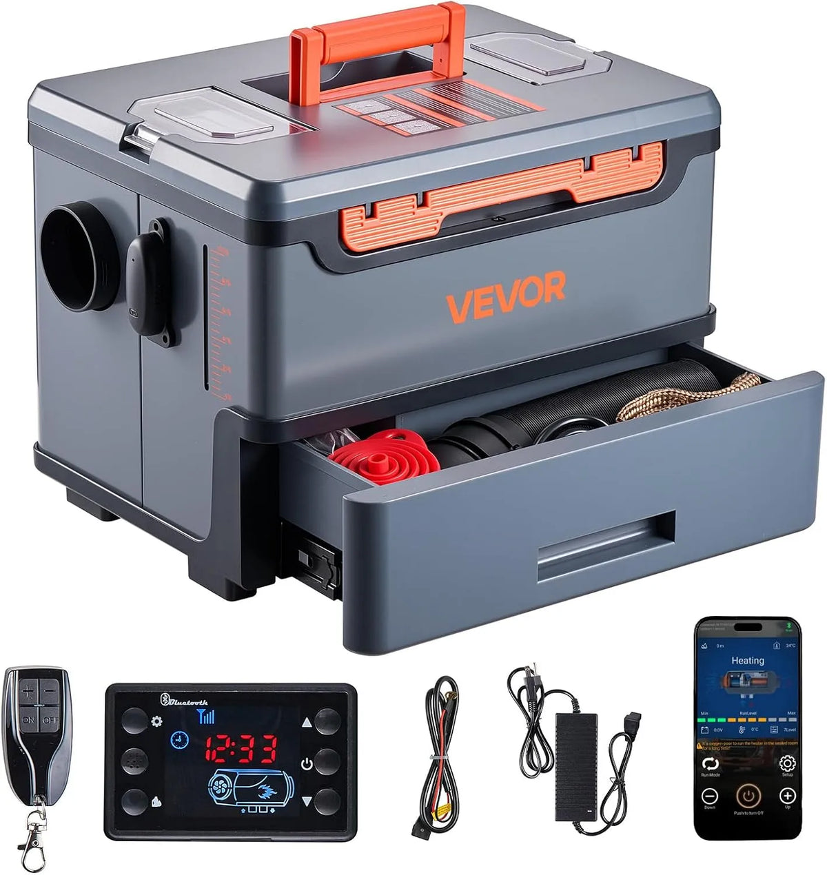 Koolmonoxidemelder, 425 x 320 x 310 mm, 8 kW, met bluetooth-bediening, 5 l brandstoftank voor vrachtwagen en camper, draagbaar, all-in-one