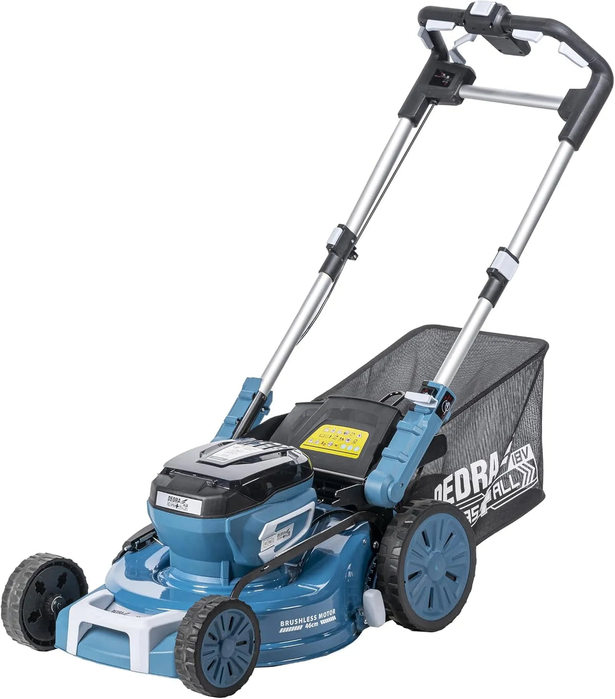 Grasmaaier, 2x18V, 8 standen, DEDRA accu-grasmaaier met SAS+ALL-aandrijving, maaibreedte 46 cm, maaihoogte 30-75 mm, opvangbak van 65 l, zonder