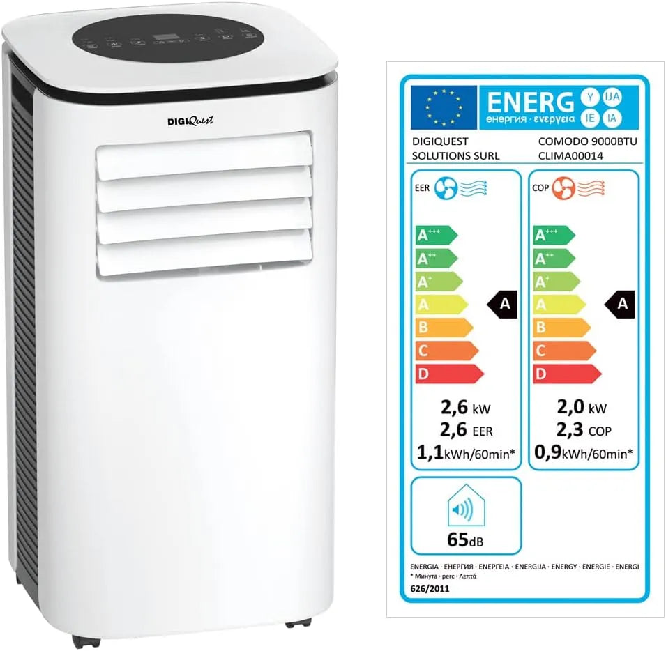 Mobiele airconditioner, 9000 BTU, 2,6 kW, 2,0 kW, 4-in-1: koud, 24-uurs timer, warm, nachtmodus, ruimtebesparend, energieklasse A