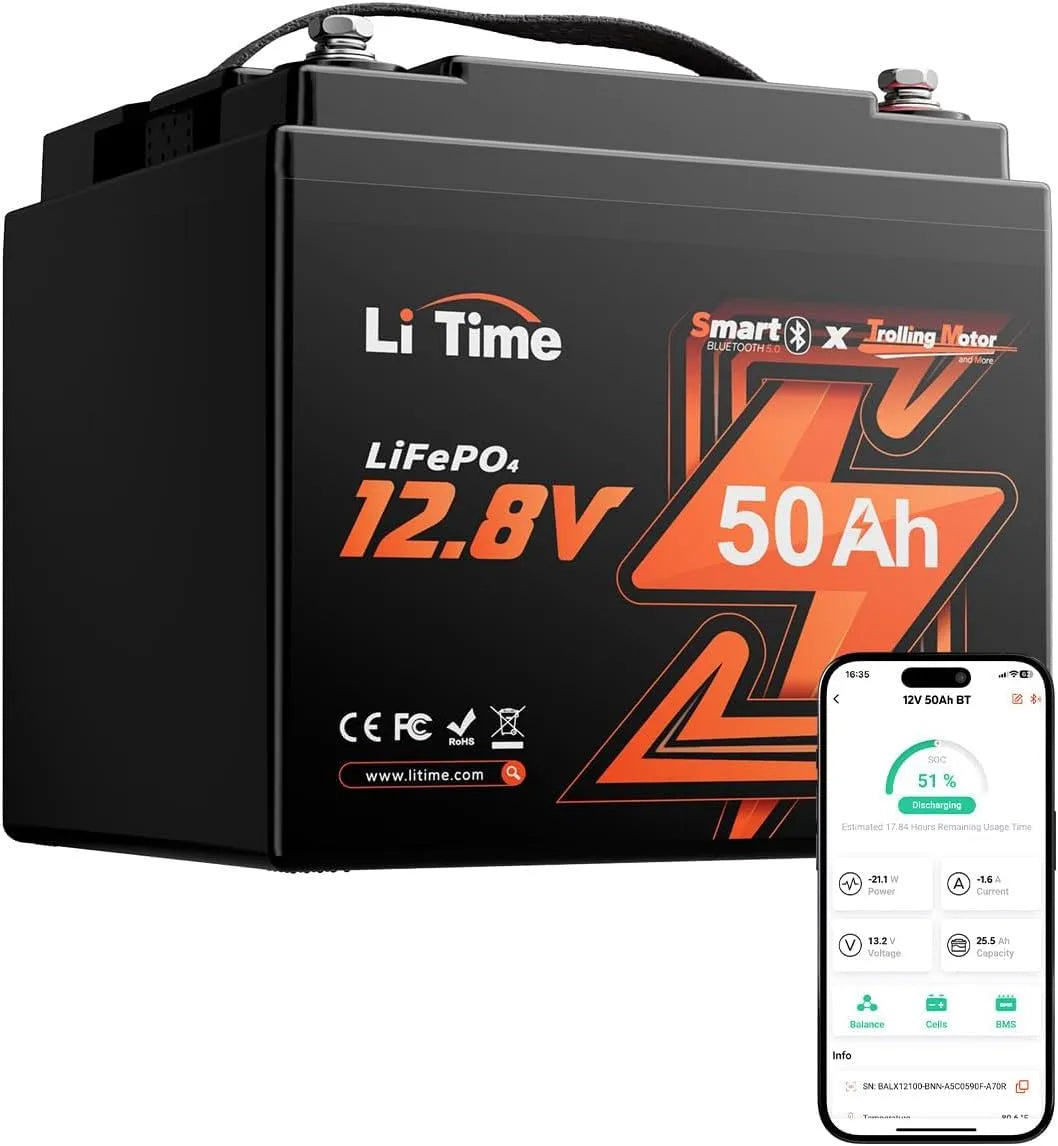 12V, LiTime 12V 50Ah LiFePO4 TM Accu met Bluetooth voor Boot en Jacht, model LiFePO4