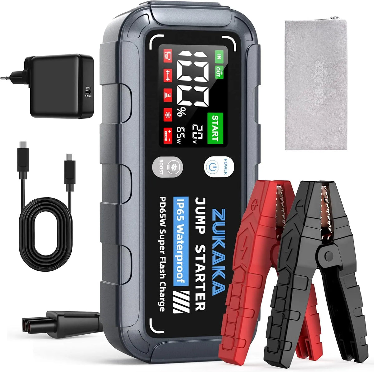 6000 A starthulp met 6000 A, 26800 mAh, 3,2 inch, 65 W, 1 uur, IP65 en USB