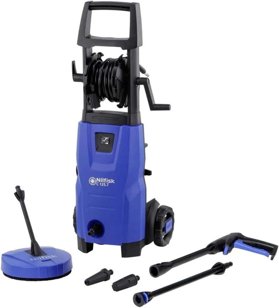 Hogedrukreiniger, Nilfisk, waterstroom 460 l/h en 1500 W motor blauw, terrassen en andere buitenruimtes, 125 bar