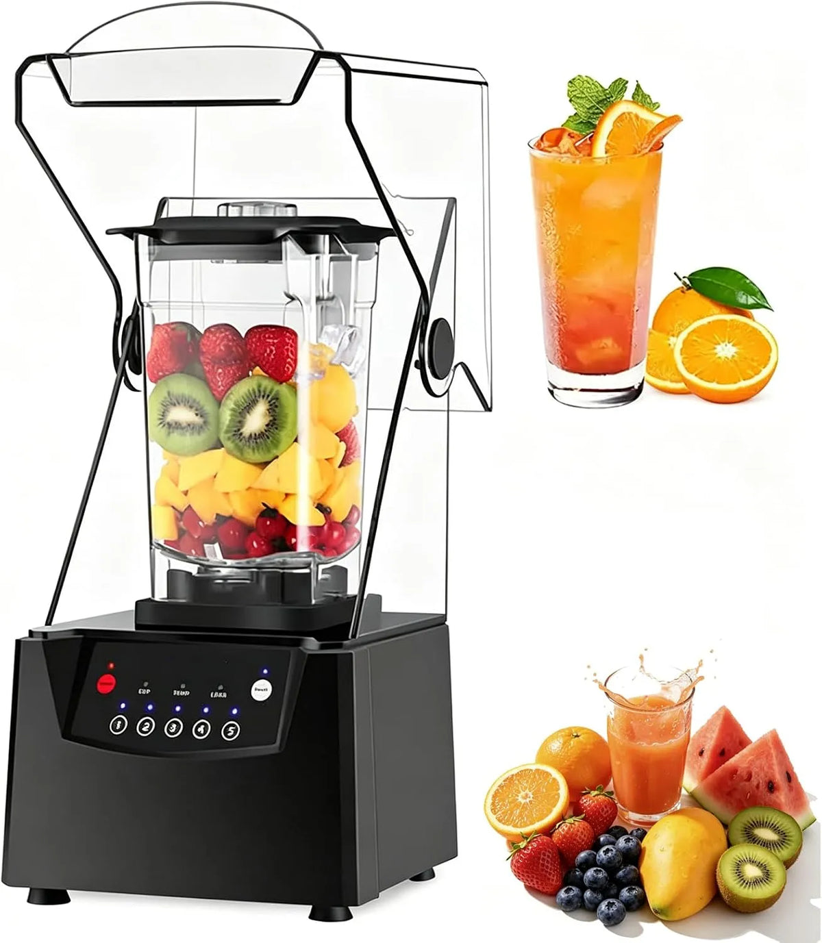 Blender met 2200 W, 5 programma's, 17.000 RPM, geluidsarme werking en transparant