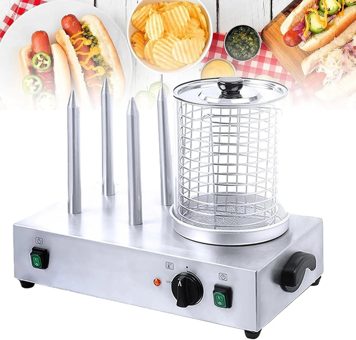 Bun warmer machine, temperatuurregeling en 4 broodroosters staven
