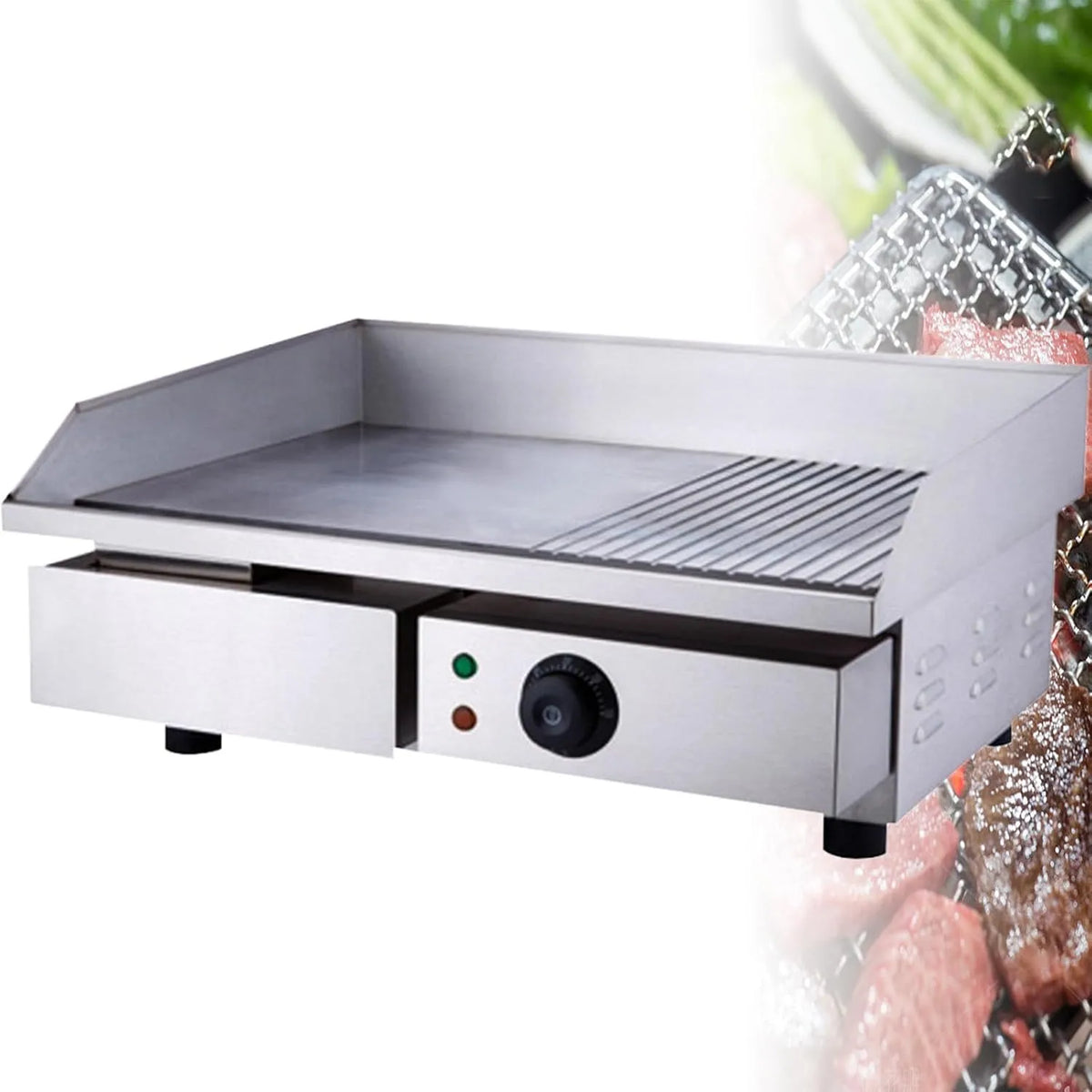 CommerciëLe Elektrische Bakplaat met 50-300 °C, 8 mm, 1-3 cm, regelbare thermostaat, RVS en zilver