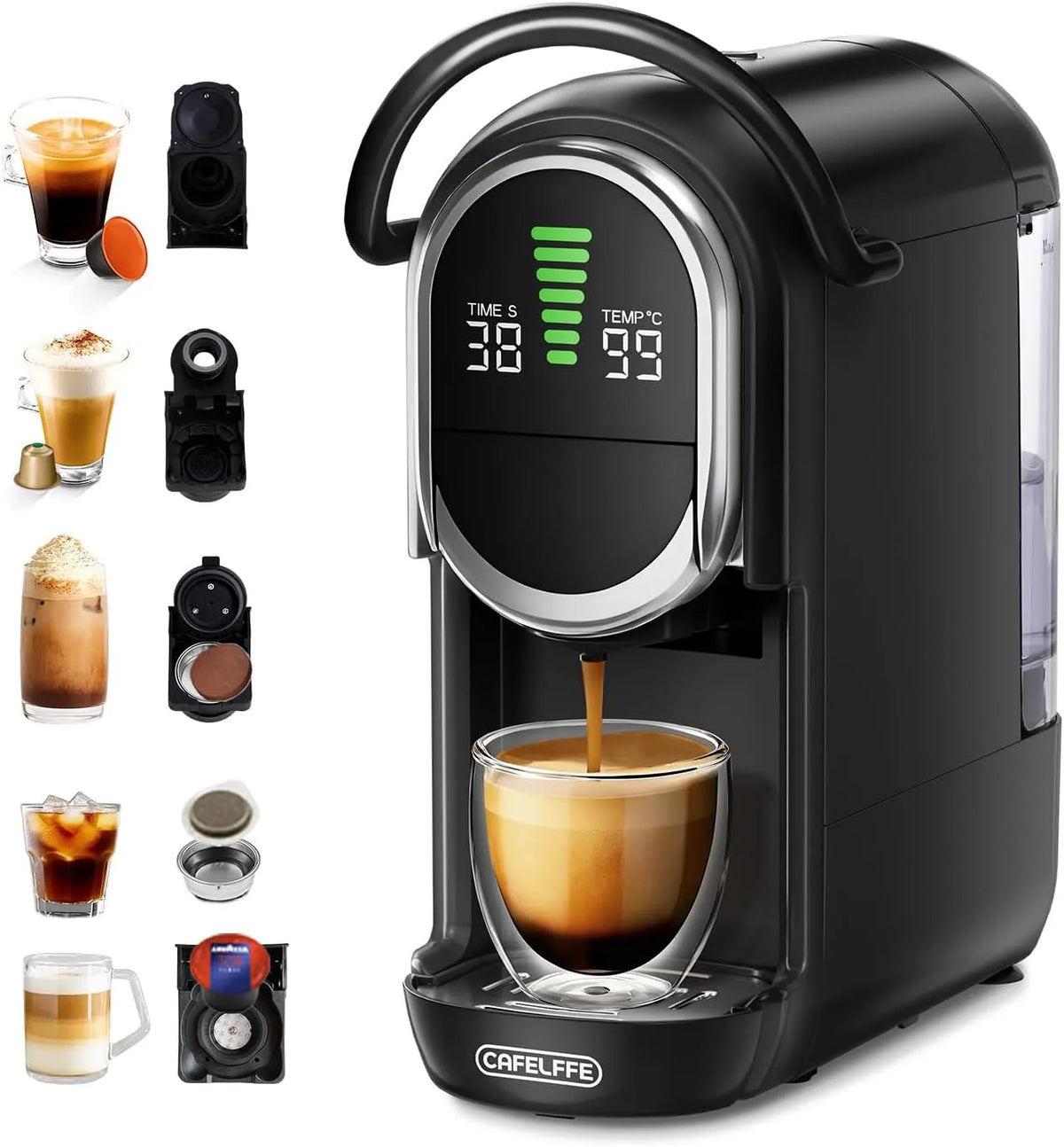 Espressomachine, CAFELFFE MK-609S 5-in-1 MK-609S, 7 zetgroottes en warm/koud zetten, 19 bar espressomachine, compatibel met Nes Original/DG/ESE/Lavaz*