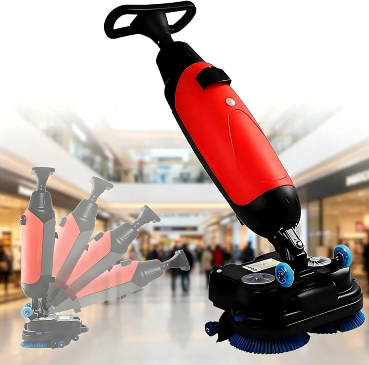 Vloerreiniger, op accu, 43 cm werkbreedte, dubbele borstels en 360° draaibare kop, dubbele tanks van 4,5 liter en 7,5 liter voor kleine ruimtes rood