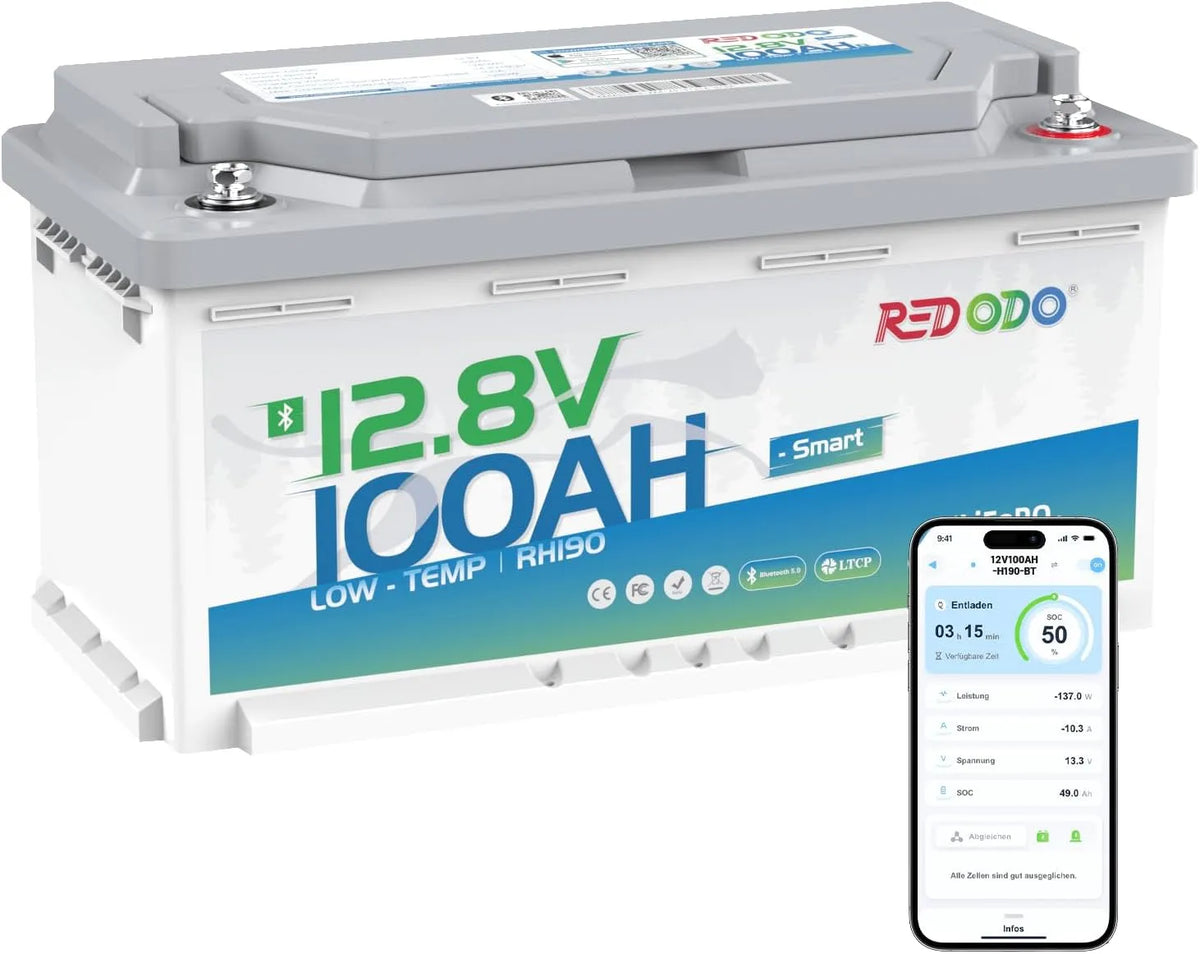 Redodo 12V 100Ah H190 LiFePO4 Batterij met Bluetooth 1280Wh Lithium Batterij met Lage Temperatuurbeveiliging 189mm Hoogte Geschikt