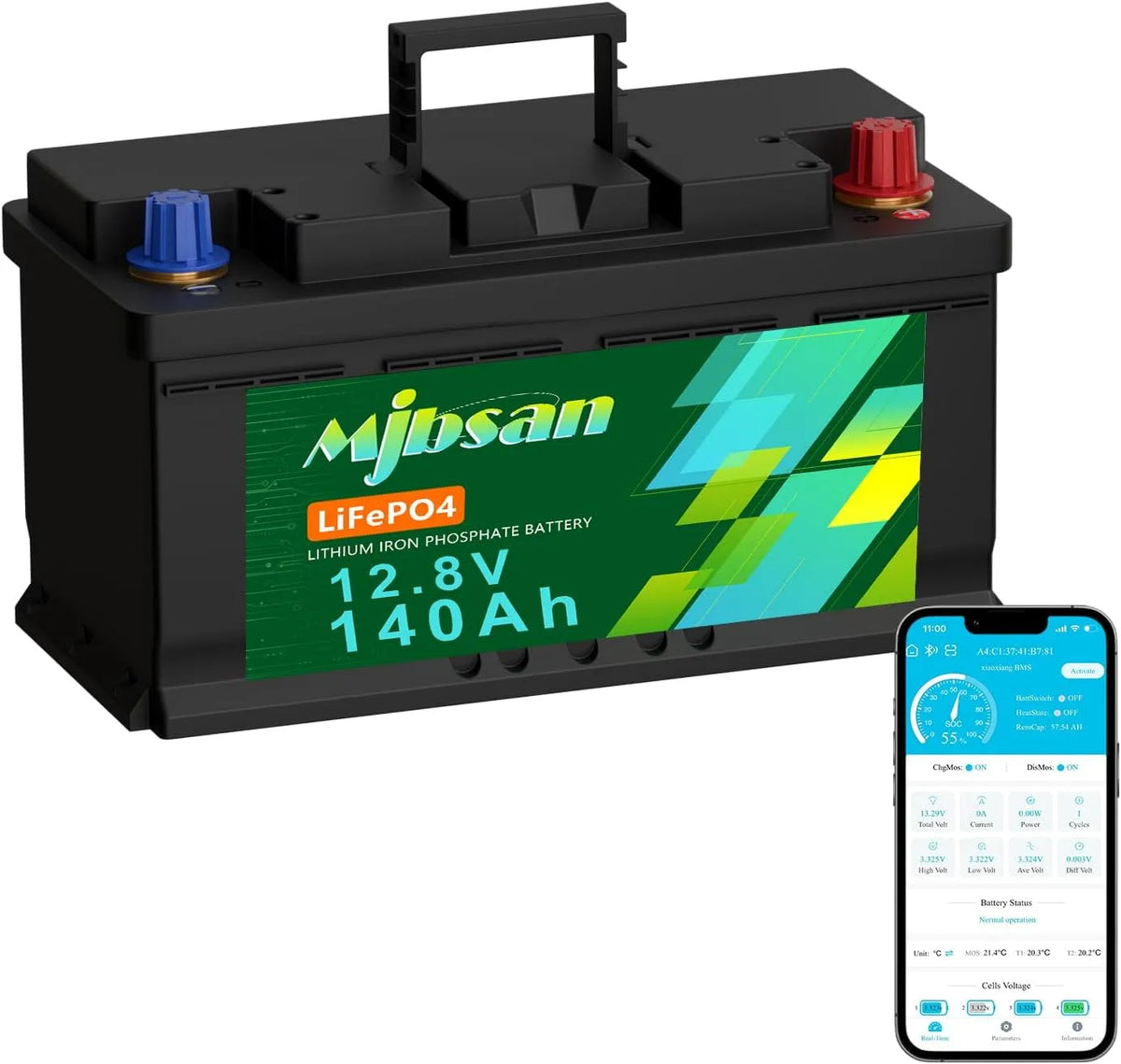 Mjbsan 12V 140AH H190 Onderstoel LiFePO4 Bluetooth lithiumbatterij LiFePO4 met 12V, 1792 Wh, 150A, Bluetooth en zwart