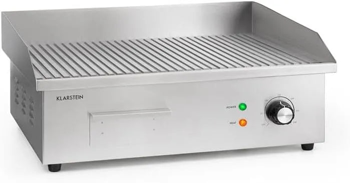 Barbecue, Klarstein Grillmijle 3000R Pro gietijzeren grillplaat, traploos 50-300 °C, RVS, grilloppervlak: 54,5 x 35 cm geribbeld, 3000 watt