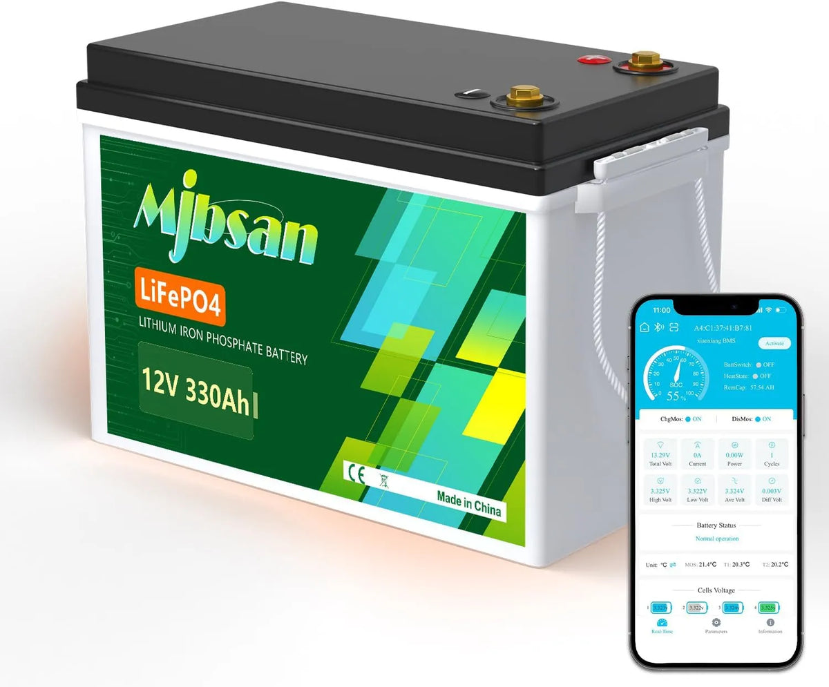 Mjbsan LiFePO4 12 V 330 Ah Bluetooth lithiumbatterij met 200 A BMS, 4224 W, zonne-energie