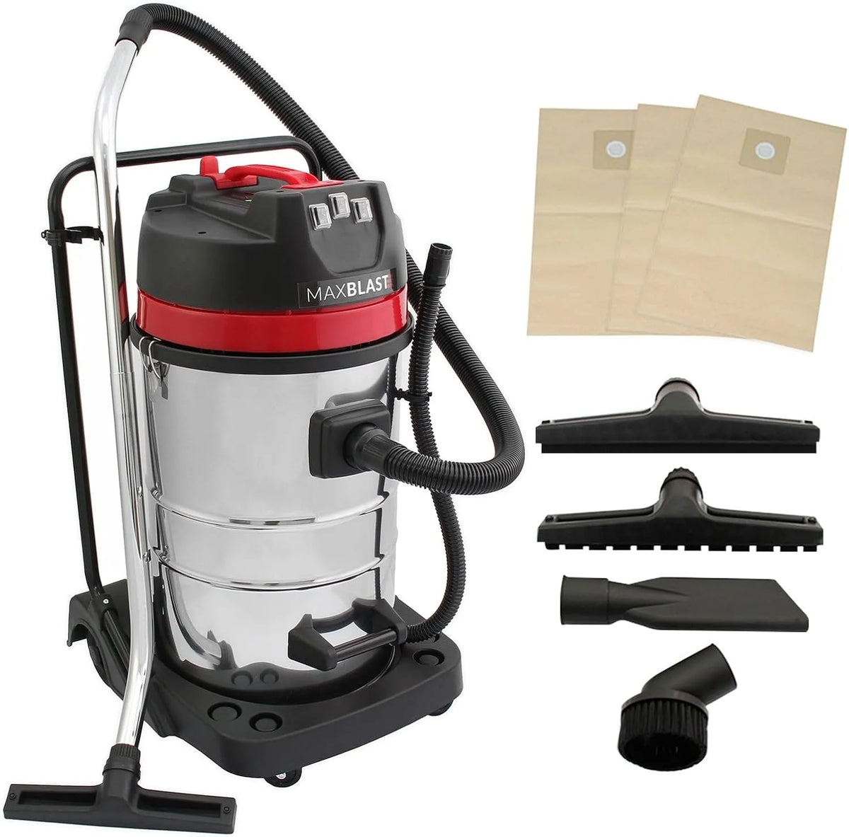 Stofzuiger, 80L, 3000 W, 4 Accessoires, 9m Snoer, 1.5m Slang, 3 Gratis Stofzakken, Stoffilter