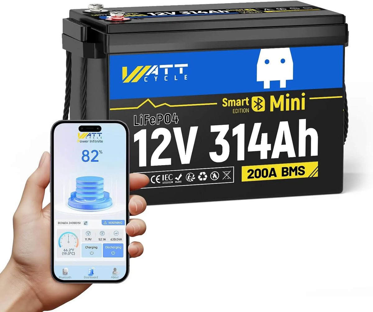 WattCycle 12V 314Ah LiFePO4 Accu LiFePO4 met 12V, 4019Wh, 200A, IP65 en Bluetooth