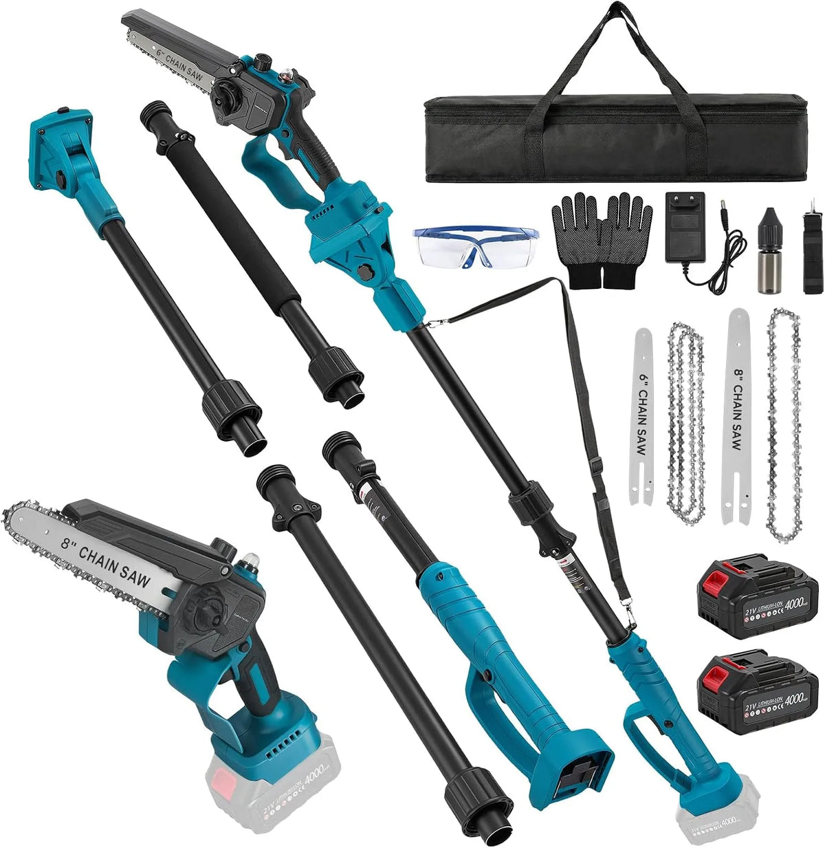 Kettingzaag, 4,6 m bereik, snijden van takken, borstelloze mini-kettingzaag van 6 & 8 inch met 2 x 4000 mAh batterijen, elektrische kettingzaag