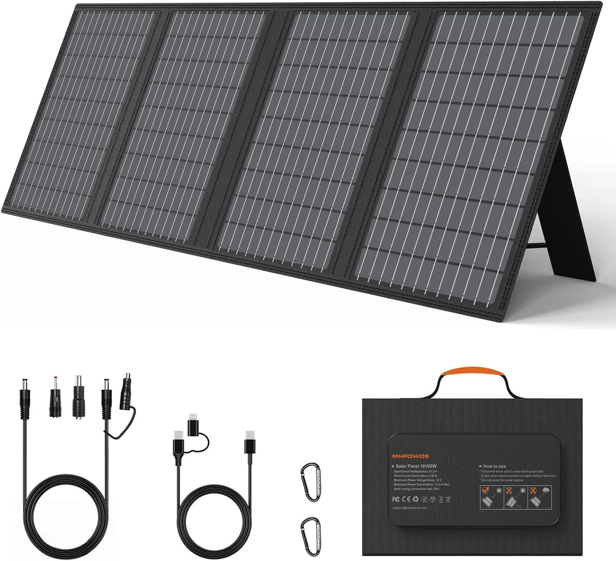 Zonnepaneel, mobiele uitvoering van 60 W zonnepanelen oplader met USB-C, USB-A en DC-uitgangen, opvouwbaar IP67 waterdicht zonnepaneel voor kamperen