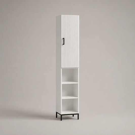 Colonne de rangement haute en bois et acier, 1 porte et 3 niches, blanc et noir, 40 × 35 × 180 cm