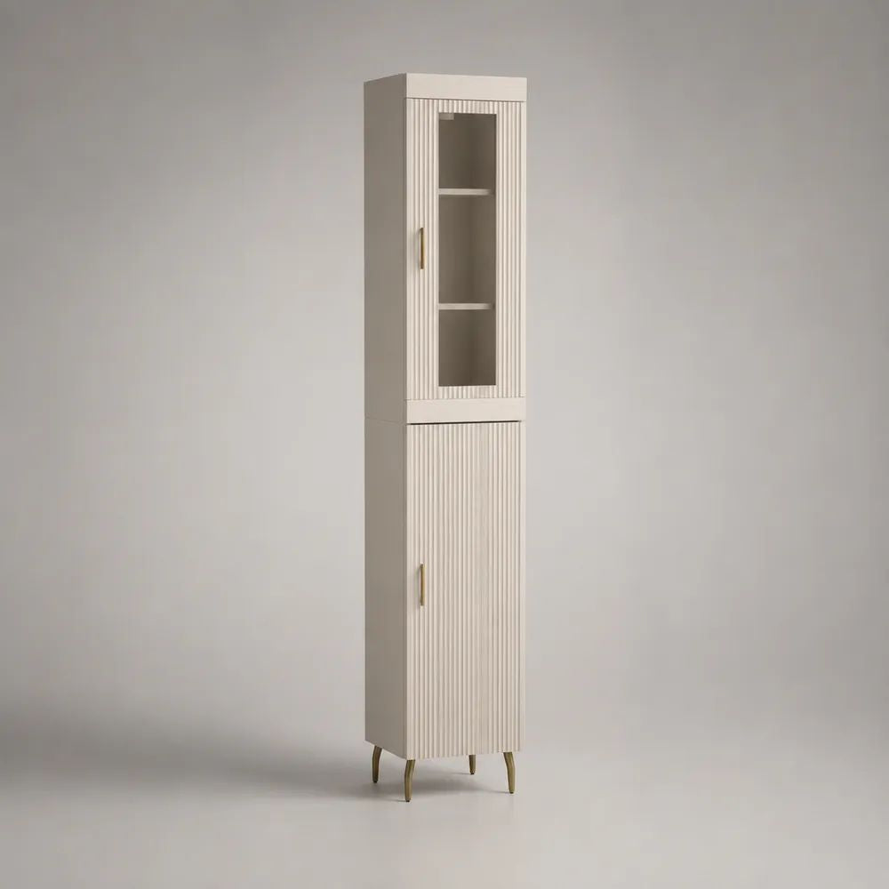 Vaisselier haut vitré en MDF et verre à 2 portes, blanc cassé et laiton, 45 × 38 × 200 cm
