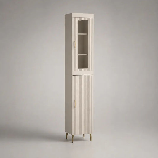 Vaisselier haut vitré en MDF et verre à 2 portes, blanc cassé et laiton, 45 × 38 × 200 cm