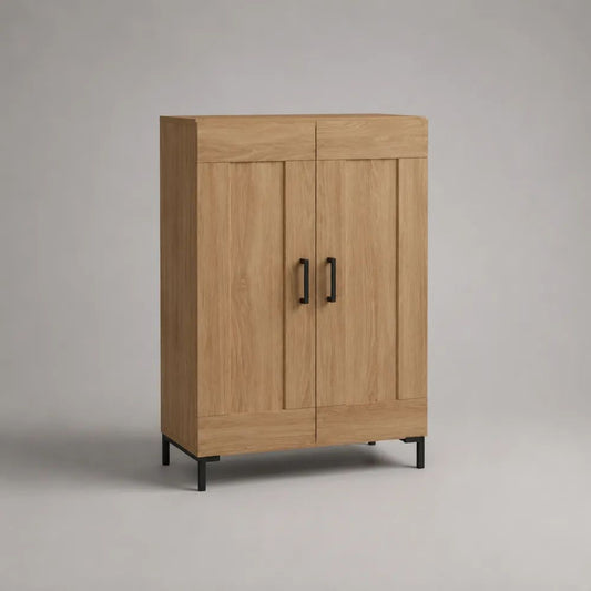Buffet haut 2 portes en panneaux de particules mélaminés et acier, chêne naturel/noir, 100 x 40 x 140 cm
