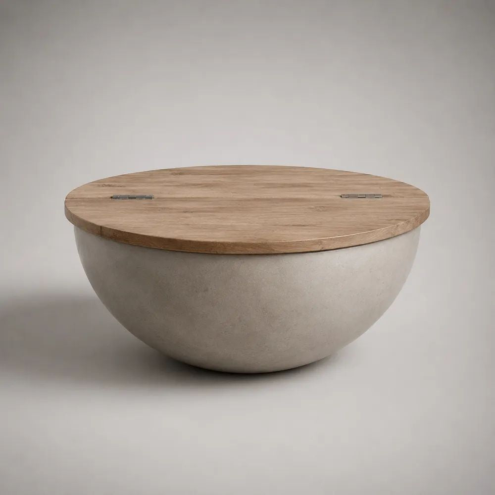 Table basse ronde avec rangement, plateau en bois et base en béton, beige clair et marron naturel, Ø 90 × H 43 cm