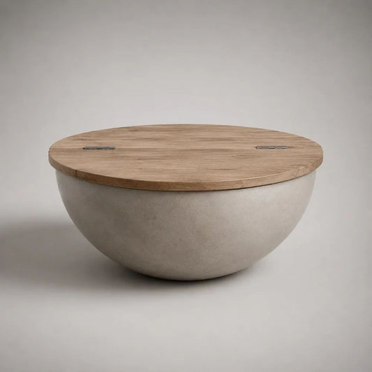 Table basse ronde avec rangement, plateau en bois et base en béton, beige clair et marron naturel, Ø 90 × H 43 cm