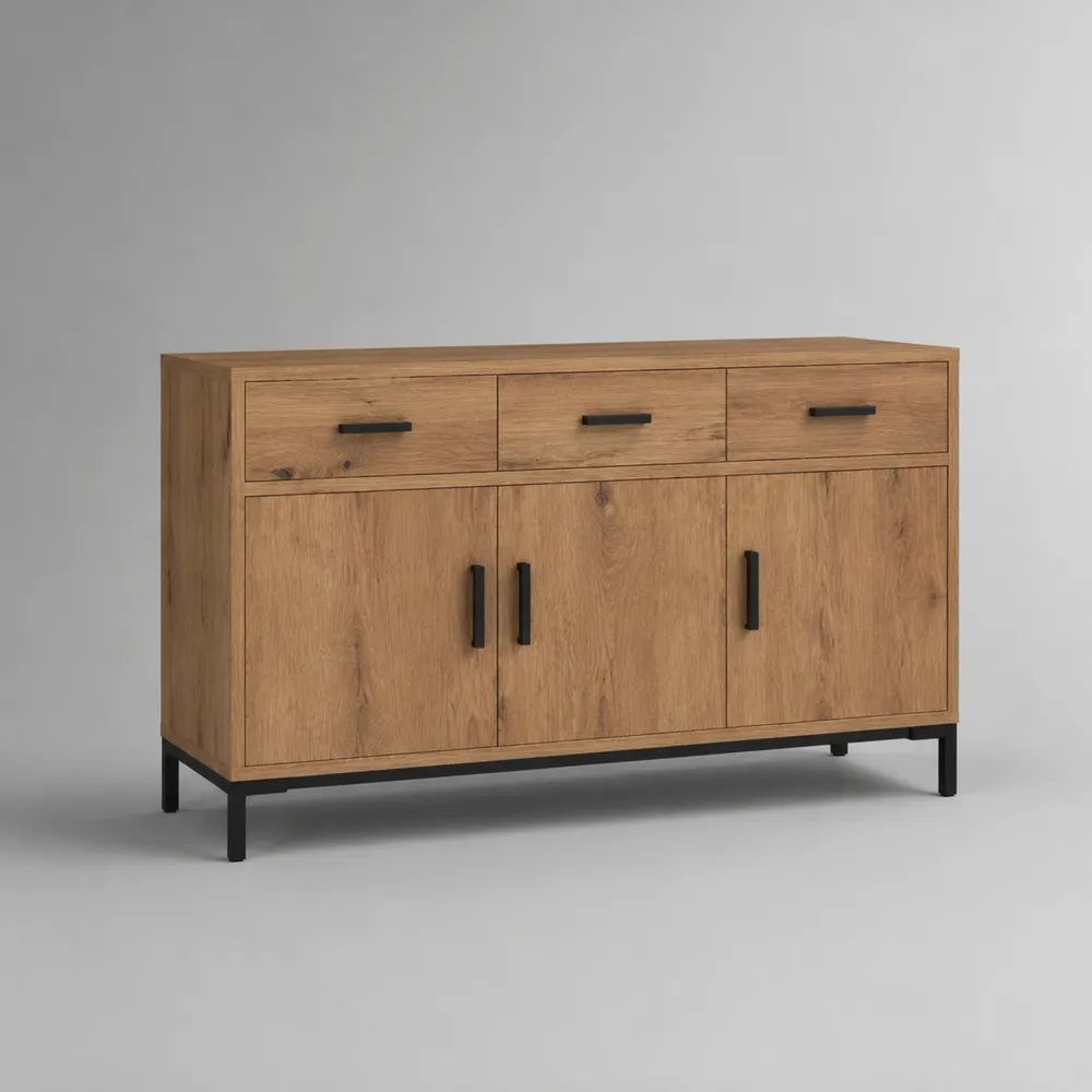 Buffet rectangulaire à 3 portes et 3 tiroirs en panneau mélaminé effet chêne et métal noir, 140 × 40 × 85 cm