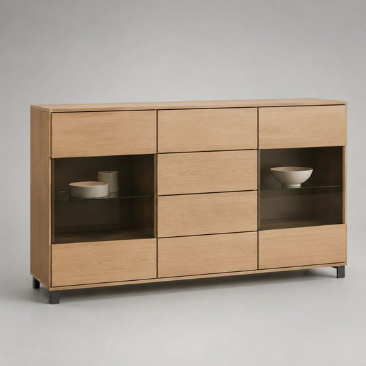 Buffet rectangulaire en bois et verre, chêne clair, brun foncé et noir, 160 x 40 x 95 cm