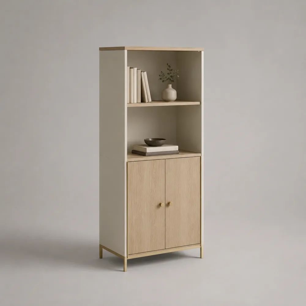 Buffet haut rectangulaire en bois et métal avec 2 niches et 2 portes, grège, chêne clair et laiton, 75 × 35 × 160 cm