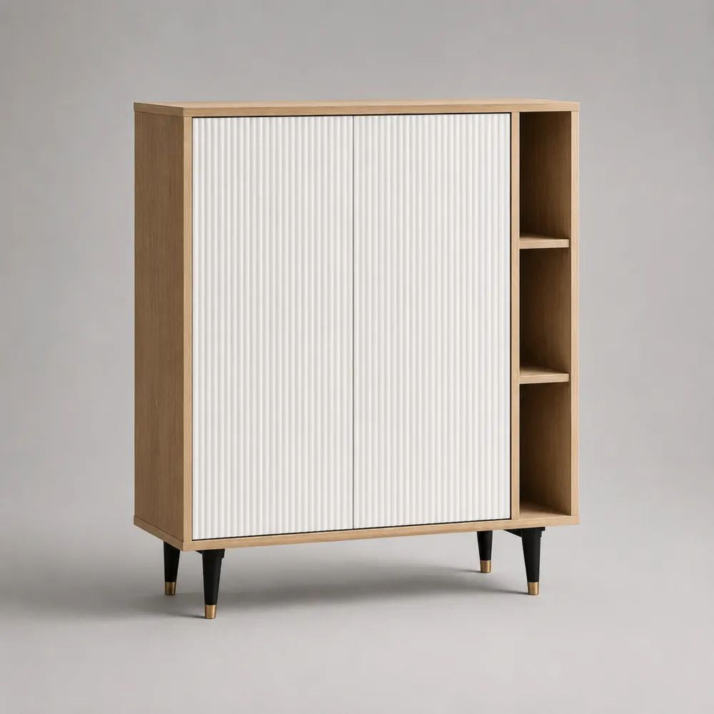 Buffet haut rectangulaire à 2 portes coulissantes en panneaux de particules et MDF, chêne clair, blanc, noir et laiton, 120 × 40 × 140 cm