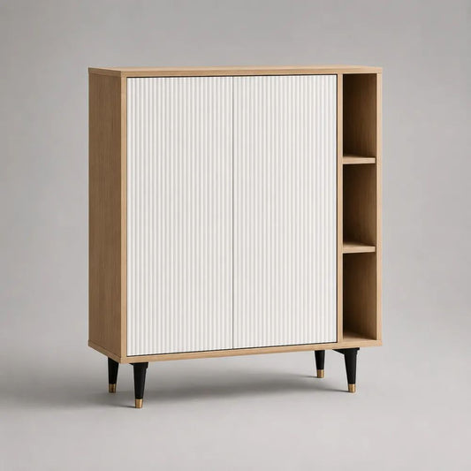 Buffet haut rectangulaire à 2 portes coulissantes en panneaux de particules et MDF, chêne clair, blanc, noir et laiton, 120 × 40 × 140 cm