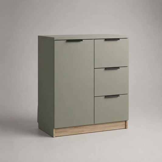 Buffet haut en panneaux de particules, 1 porte et 3 tiroirs, vert sauge et chêne clair, 80 × 40 × 100 cm