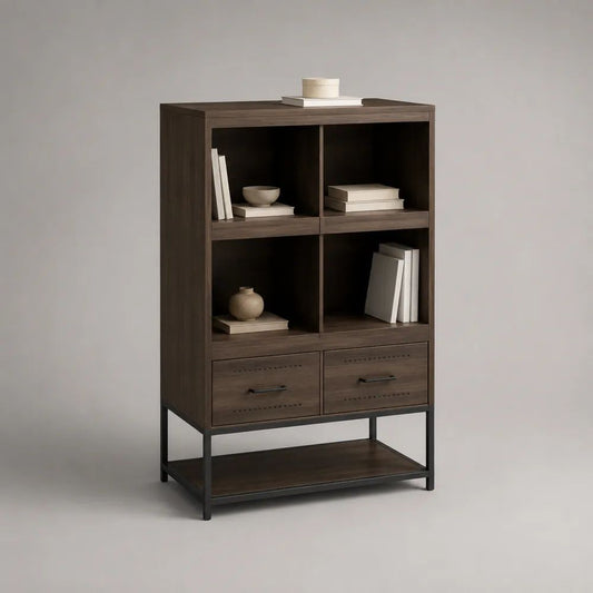 Buffet haut en bois et acier avec 4 niches, 2 tiroirs et tablette basse, brun noyer et noir, 90 × 40 × 150 cm