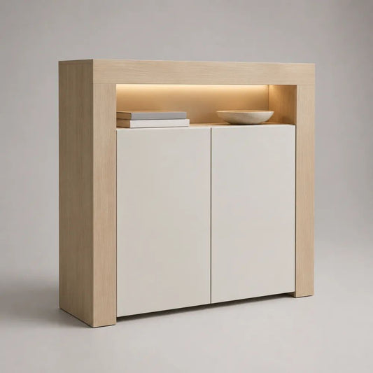 Buffet haut rectangulaire en panneaux mélaminés avec 2 portes et niche à éclairage LED, chêne clair et blanc, 100 × 35 × 110 cm
