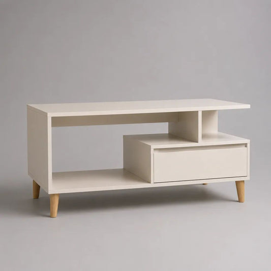 Table basse rectangulaire avec tiroir et étagères en MDF mélaminé blanc cassé et bois, 100 × 50 × 55 cm