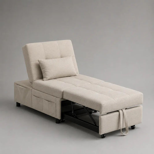 Fauteuil convertible en lit 1 place coulissant en polyester et acier beige, 85 × 89 × 84 cm, couchage 85 × 190 cm