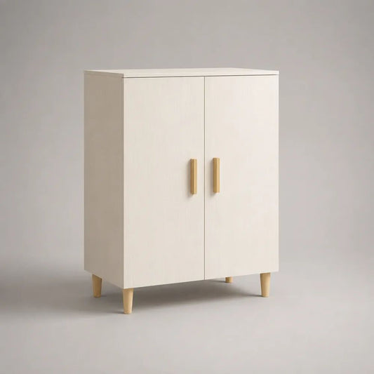 Buffet haut rectangulaire en bois à 2 portes, blanc cassé, bois clair et doré, 80 × 40 × 110 cm