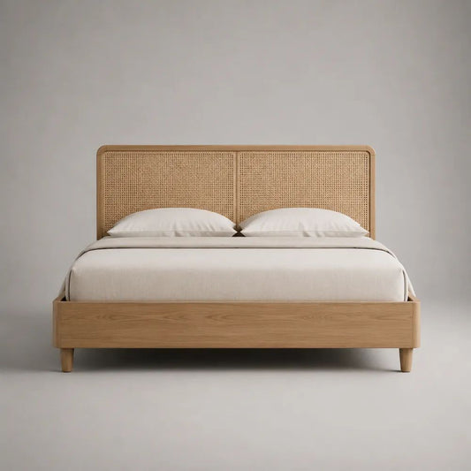 Lit coffre 2 places 160 × 200 cm en MDF plaqué chêne et cannage de rotin, chêne naturel et beige