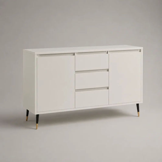 Buffet rectangulaire blanc en panneaux de particules mélaminés, 2 portes et 3 tiroirs, pieds noirs et dorés, 120 × 40 × 80 cm