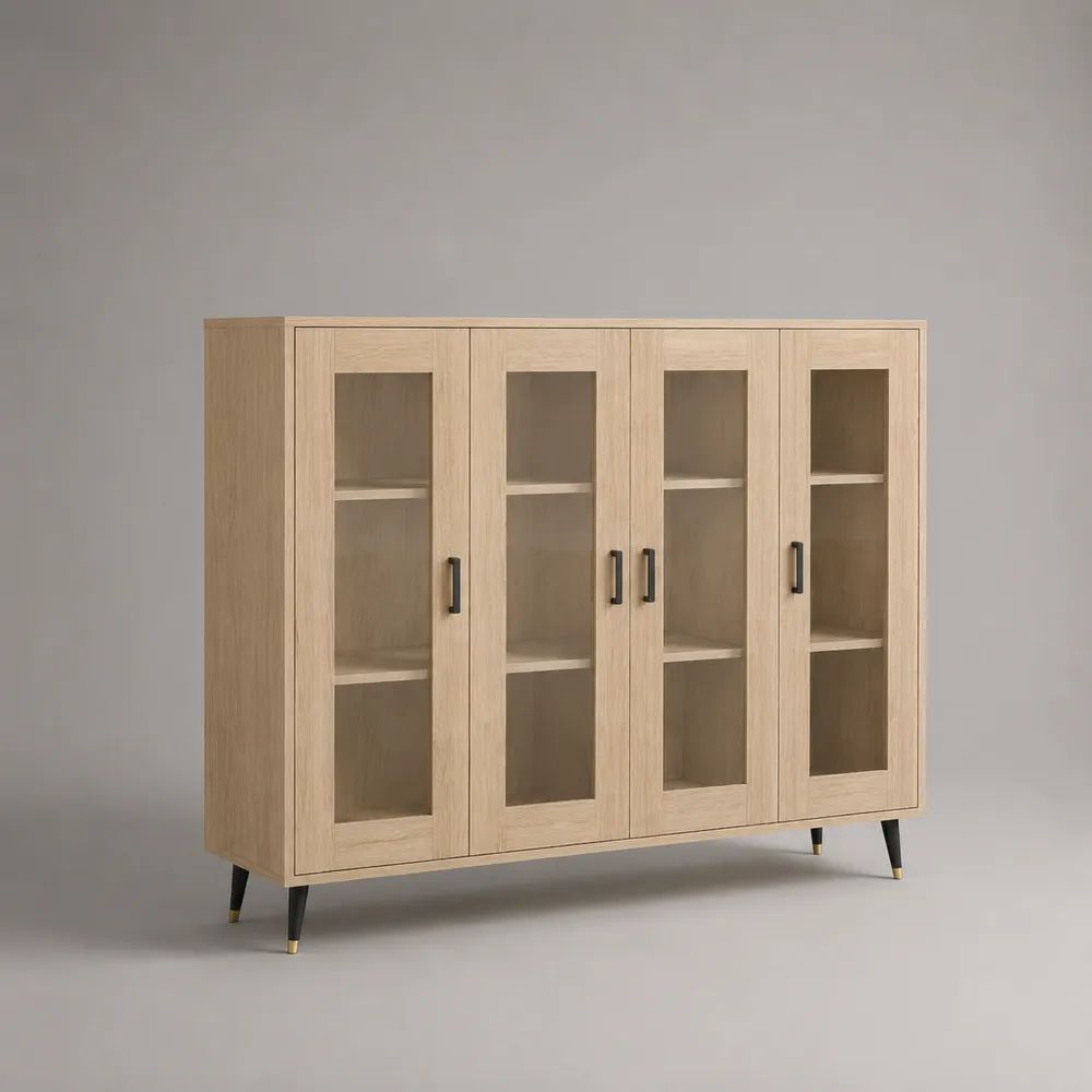 Buffet vitrine rectangulaire 4 portes en bois et verre, chêne clair, noir et laiton, 160 × 40 × 130 cm