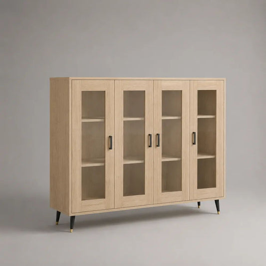 Buffet vitrine rectangulaire 4 portes en bois et verre, chêne clair, noir et laiton, 160 × 40 × 130 cm